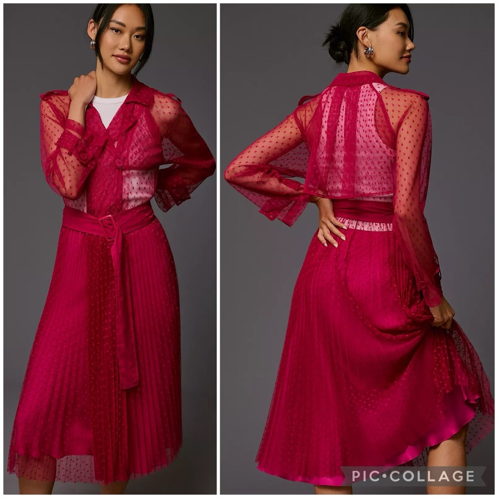 Anthropologie Fuchsia Sheer Dotted Trench Dress
